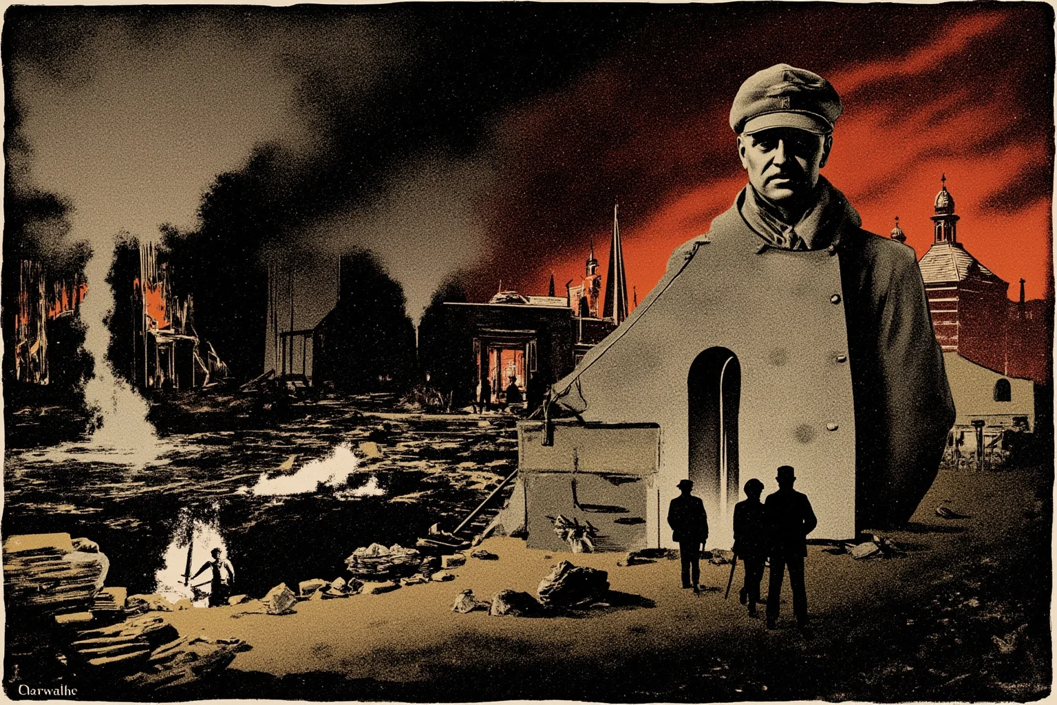 10 of History's Most Evil People & 10 of Its Greatest Heroes 2 Dramatic dark-toned illustration symbolizing 1930s-40s European wartime propaganda and destruction, no real people shown