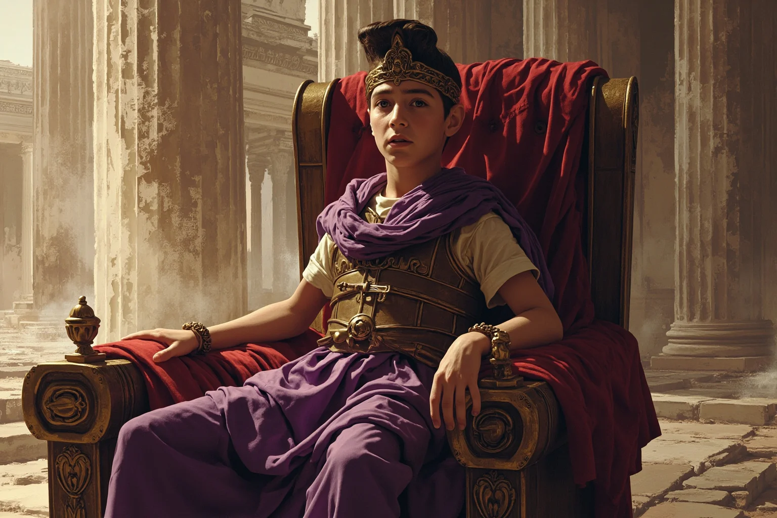 10 of History's Most 'Impactful' Leaders Who Actually Did Almost Nothing 2 Illustrated portrait of a young Roman boy-emperor in a purple toga, seated uneasily on an oversized throne in a crumbling Roman palace, non-photorealistic classical art style