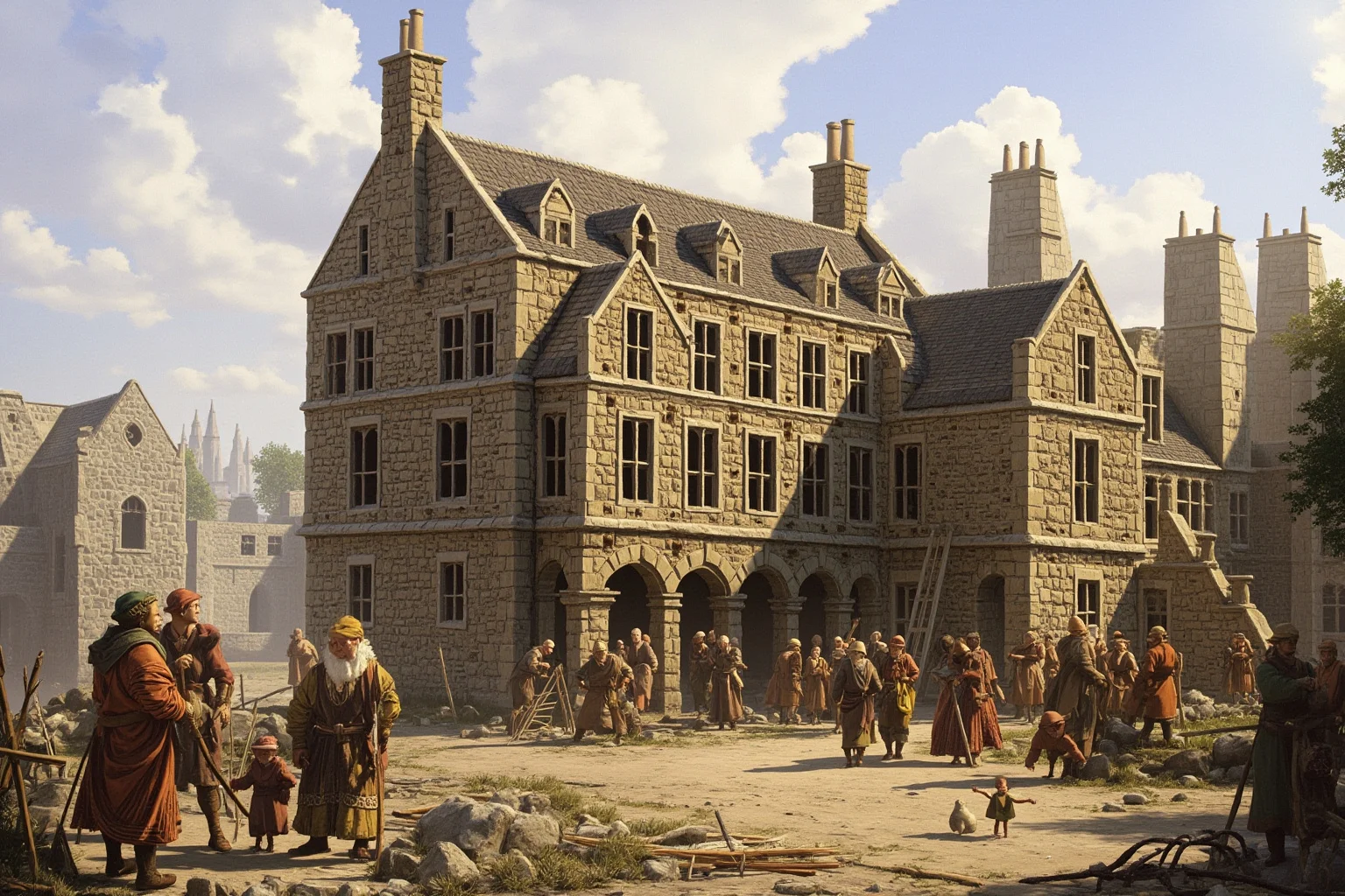 13th-century English stone hotel building near a grand abbey under construction, medieval masons and travelers outside