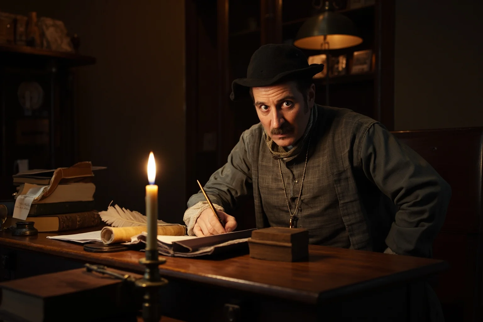 14 Presidents Who Never Served in the Military (And 10 Who Did) 3 A colonial-era lawyer at a wooden writing desk with quill, ink, and law books, 18th-century attire, candlelit study