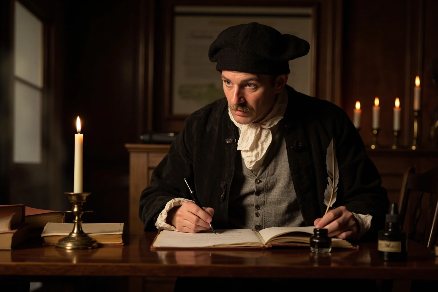 14 Presidents Who Never Served in the Military (And 10 Who Did) 2 A colonial-era lawyer at a wooden writing desk with quill, ink, and law books, 18th-century attire, candlelit study