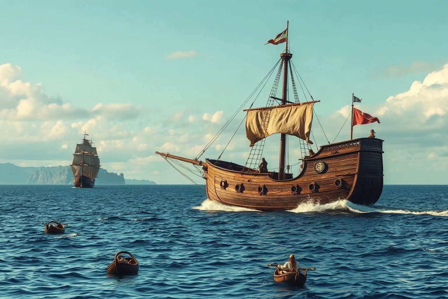 15th century explorer's ship at sea approaching unknown land, nautical navigation instruments