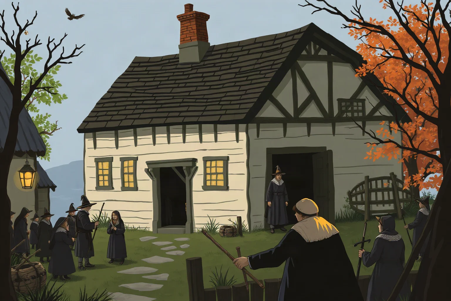1690s New England village with accused witch trials, townspeople gathered in courthouse, fear and accusation in the air