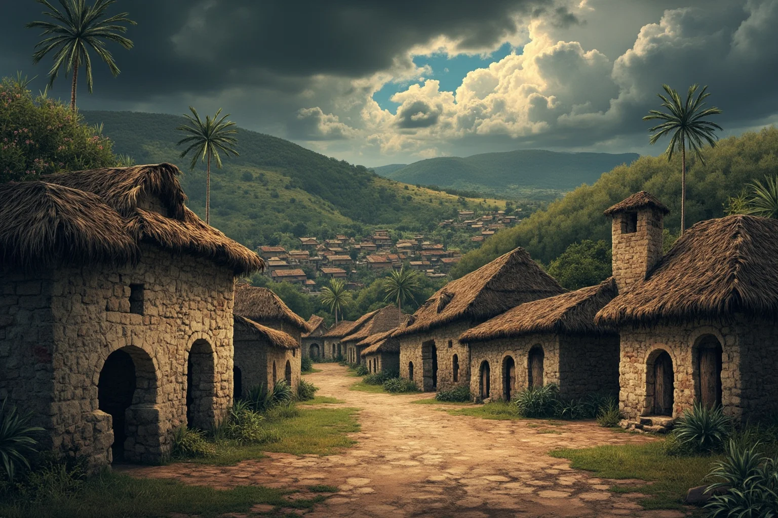 20 Deadliest Plagues That Shaped Human History 6 16th-century Mesoamerican village with traditional architecture under a stormy sky, respectful historical illustration