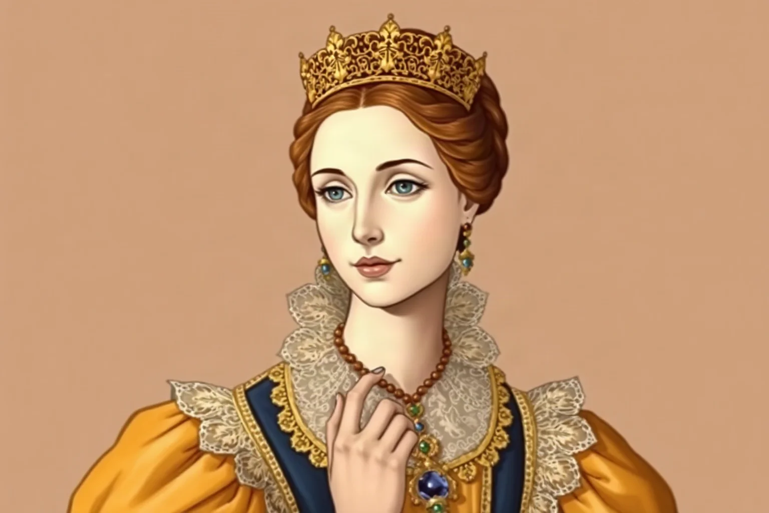 16th-century royal portrait style illustration of a tall elegant queen in a formal gown with a lace collar