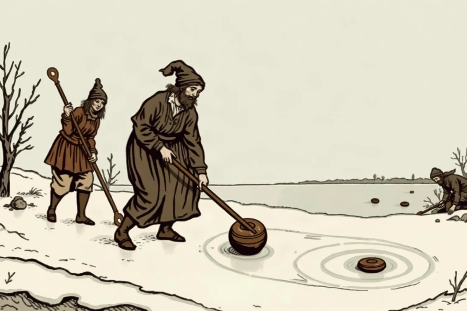 16th-century style illustration of figures sliding a stone across a frozen pond, early curling