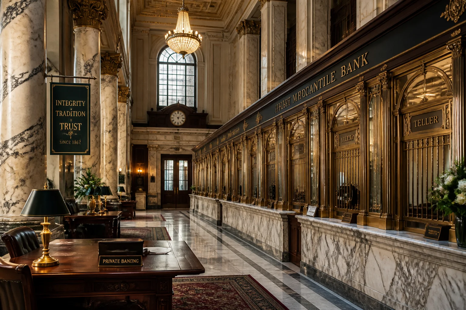 An elegant vintage bank interior with marble columns and brass teller windows, evoking historic family-owned banking dynasties