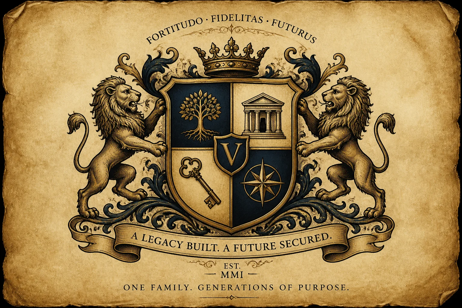 A stylized family crest or seal on aged parchment, representing generational wealth and legacy