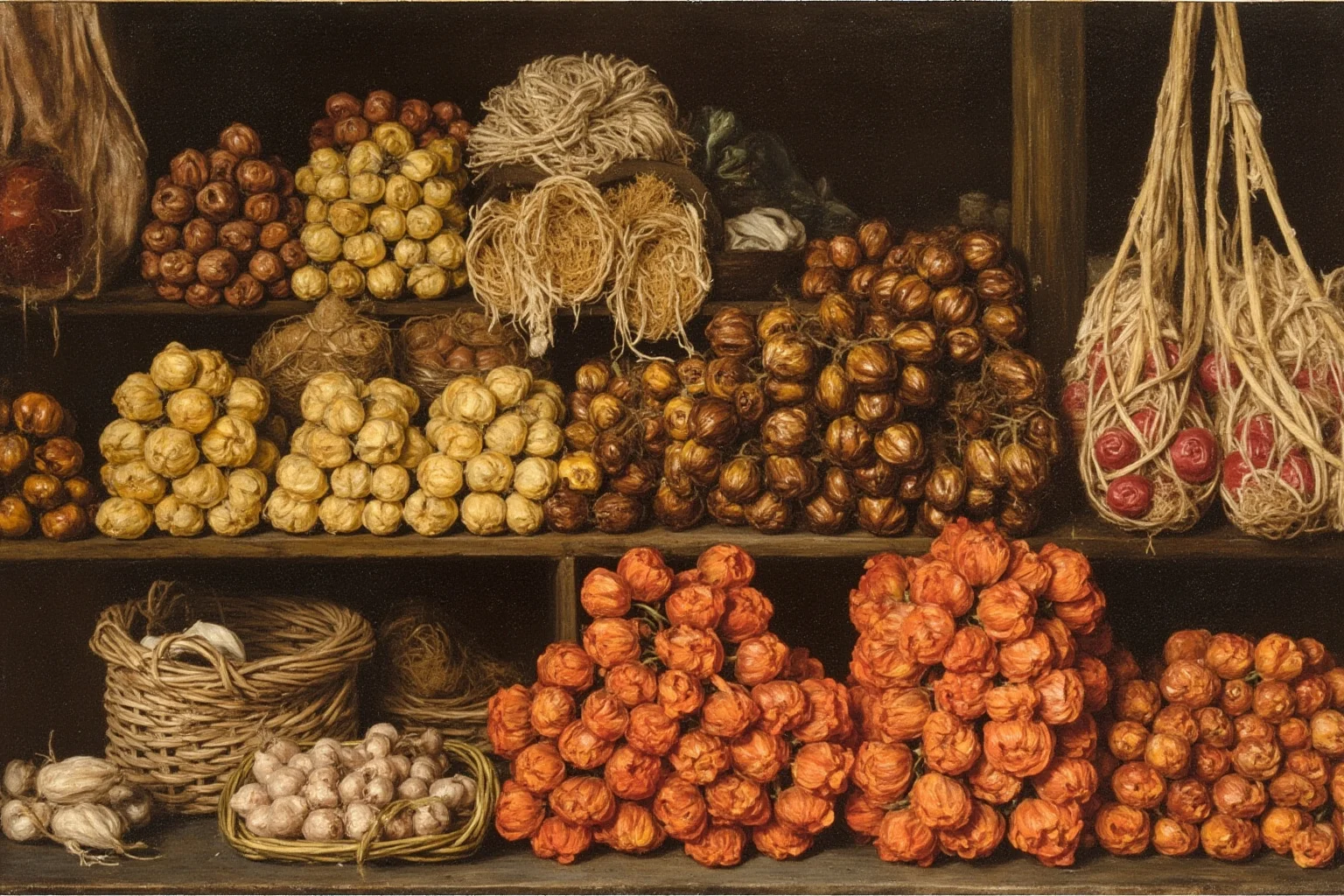17th-century Dutch marketplace stall displaying tulip bulbs, warm painterly illustration style