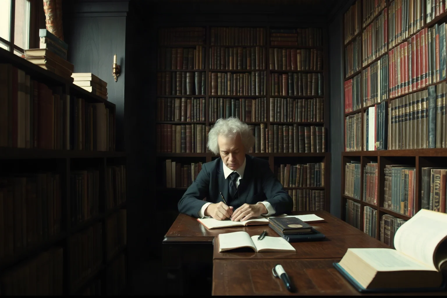 17th-century Dutch philosopher writing quietly in a modest book-lined room, contemplative, baroque lighting