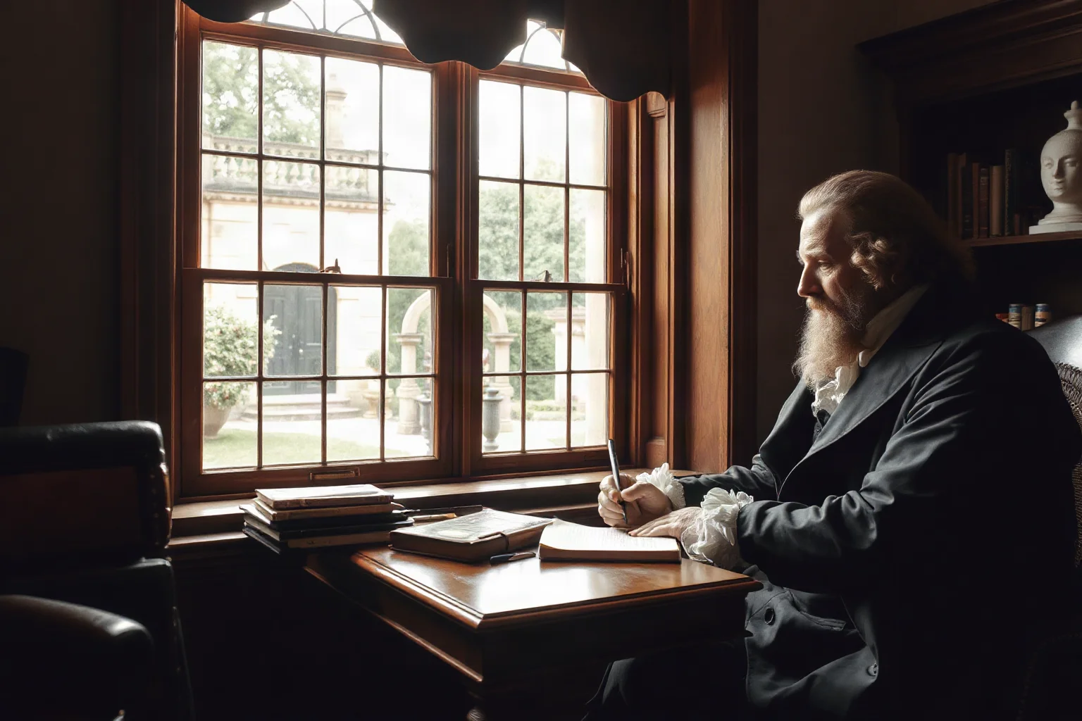 17th-century English philosopher in a formal study writing near a window overlooking a garden, period clothing