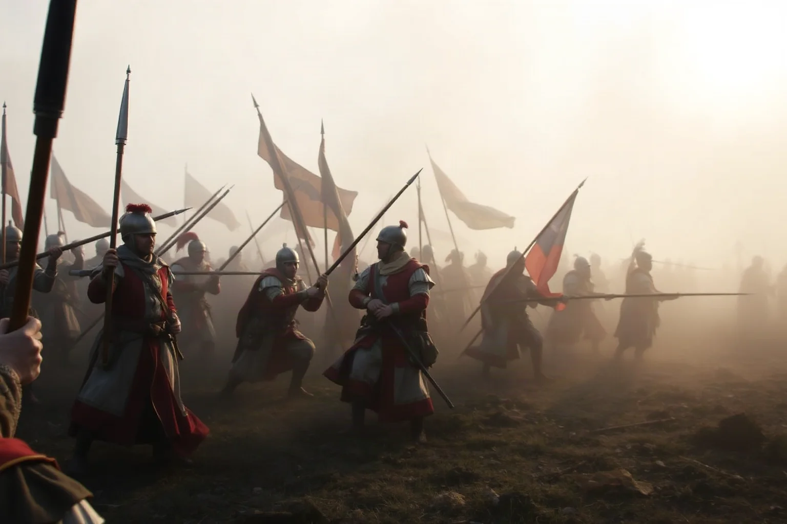17th-century European pikemen and musketeers in a smoky battlefield during the Thirty Years War