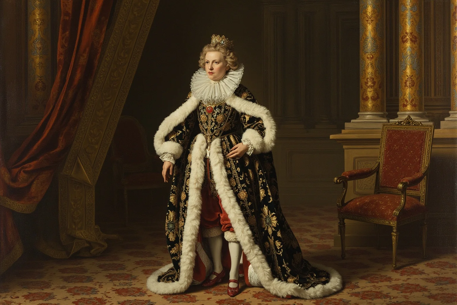 17th-century French monarch in an ornate court coat and red high heels standing in a palace hall, illustrated Baroque style