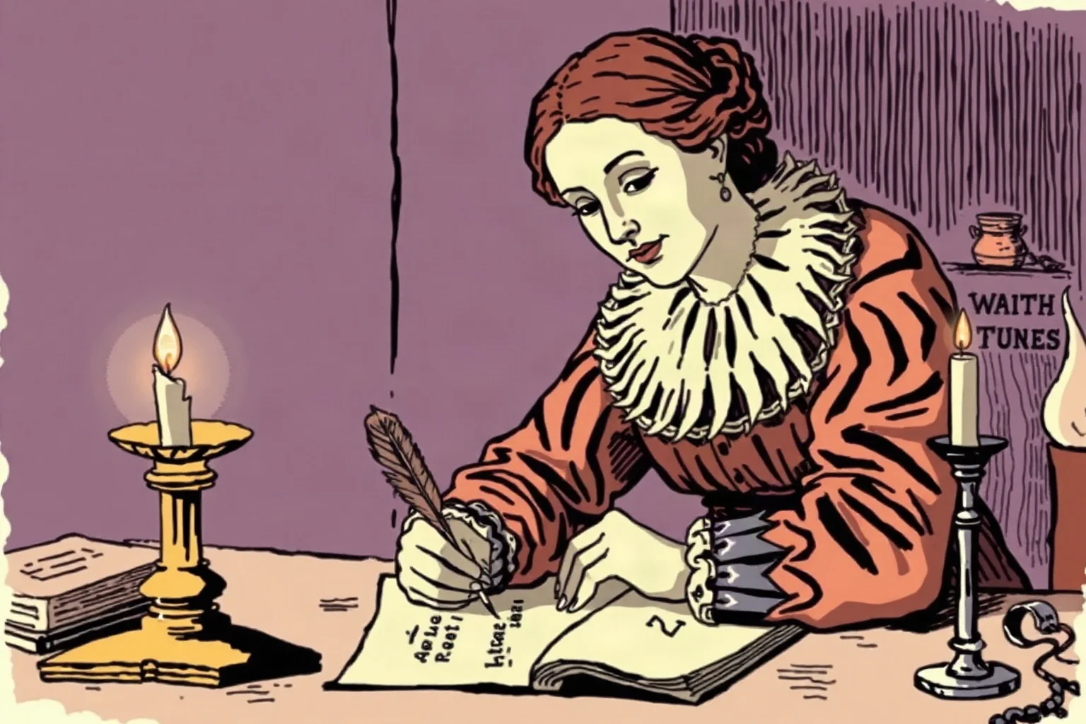 17th-century illustration of a woman playwright writing by candlelight with quill and parchment