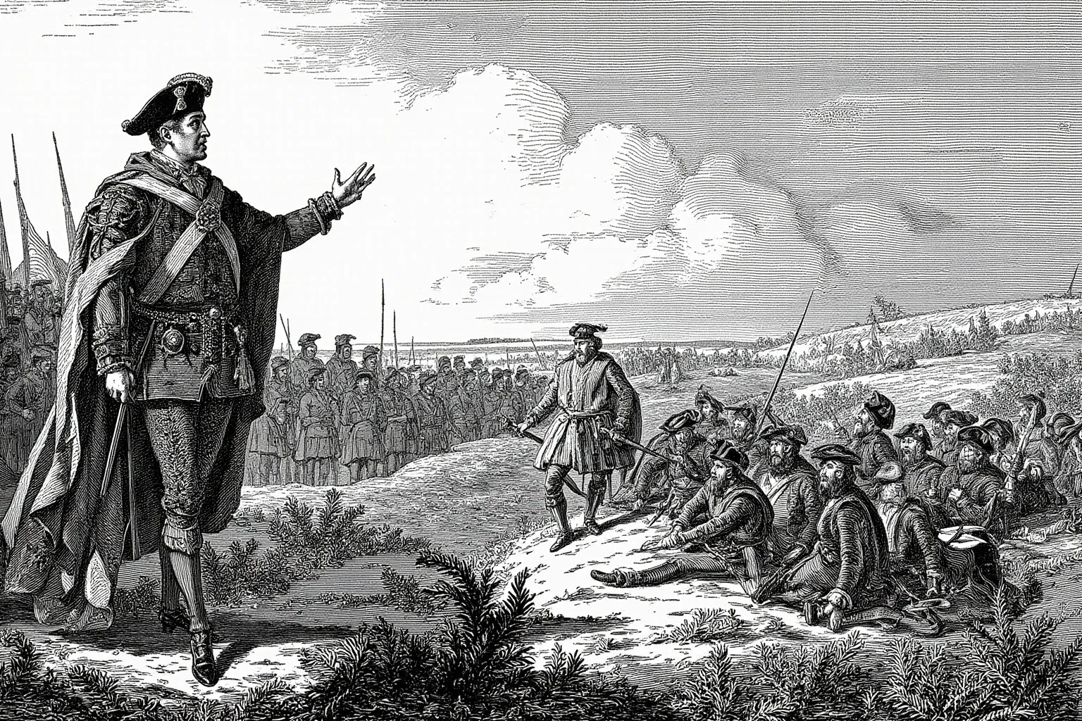 Historical Villains Who Were Actually Heroes 14 17th-century illustration of an armored parliamentary general addressing soldiers on a windswept battlefield