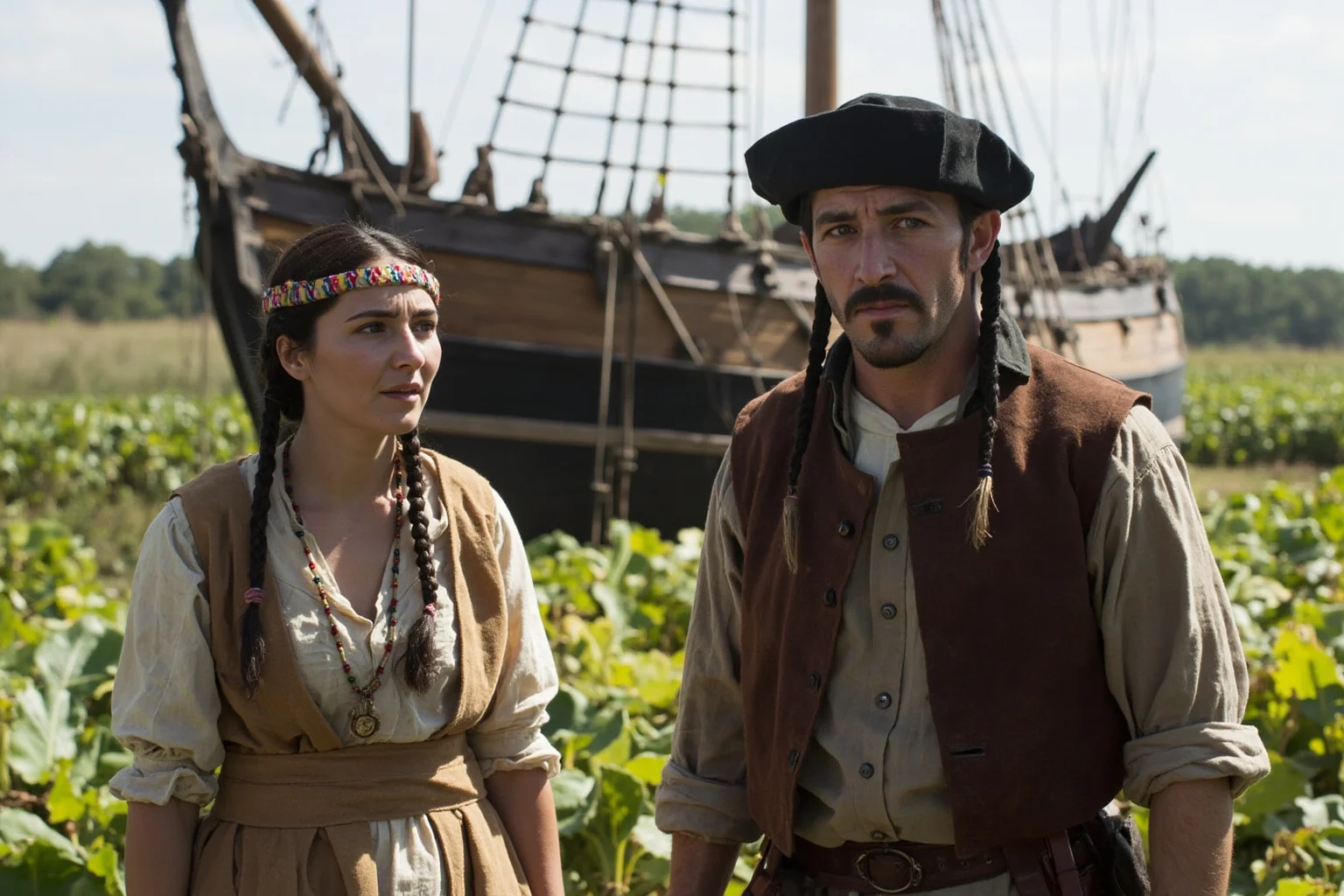 The 22 Greatest Love Stories in History 10 17th-century Indigenous American woman in traditional dress and an English colonial settler standing together near a wooden ship and tobacco fields