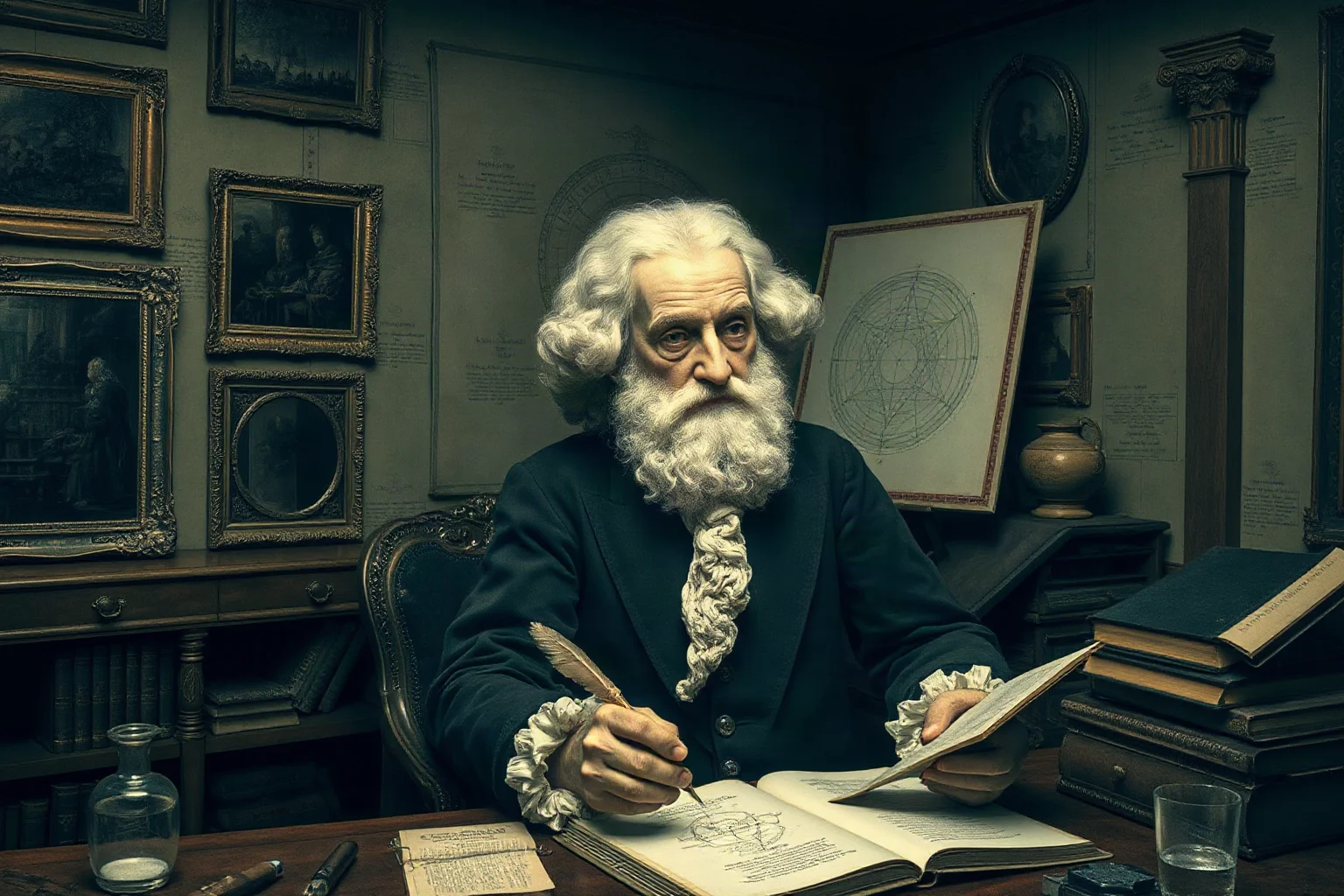 17th-century philosopher in a dim study with mirrors and geometric diagrams, quill and parchment, baroque interior
