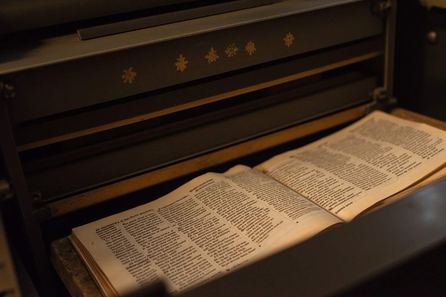17th-century printing press producing pages of an English Bible