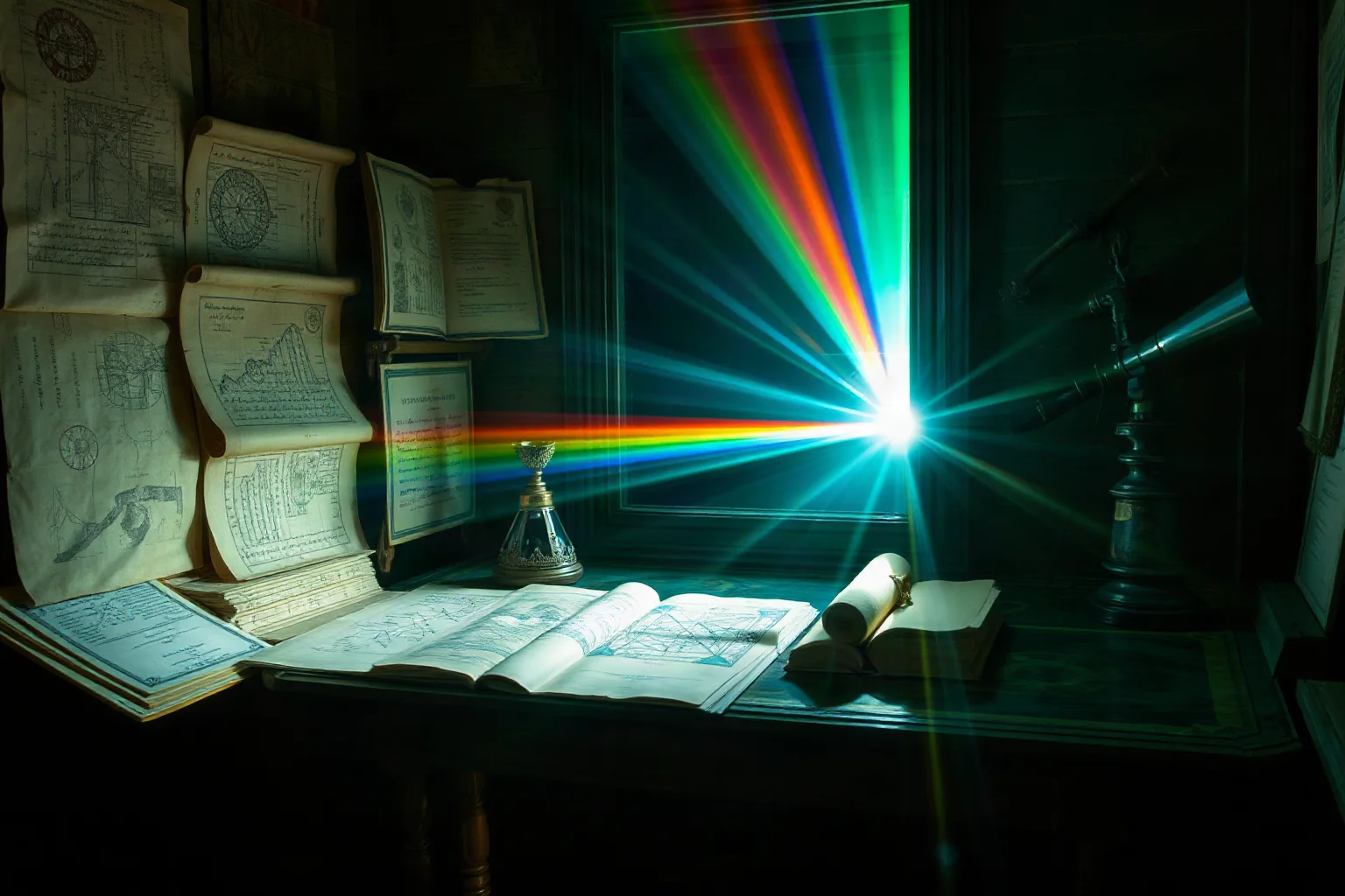 17th century study during plague isolation with mathematical papers, prism splitting light into rainbow colors, and astronomical instruments