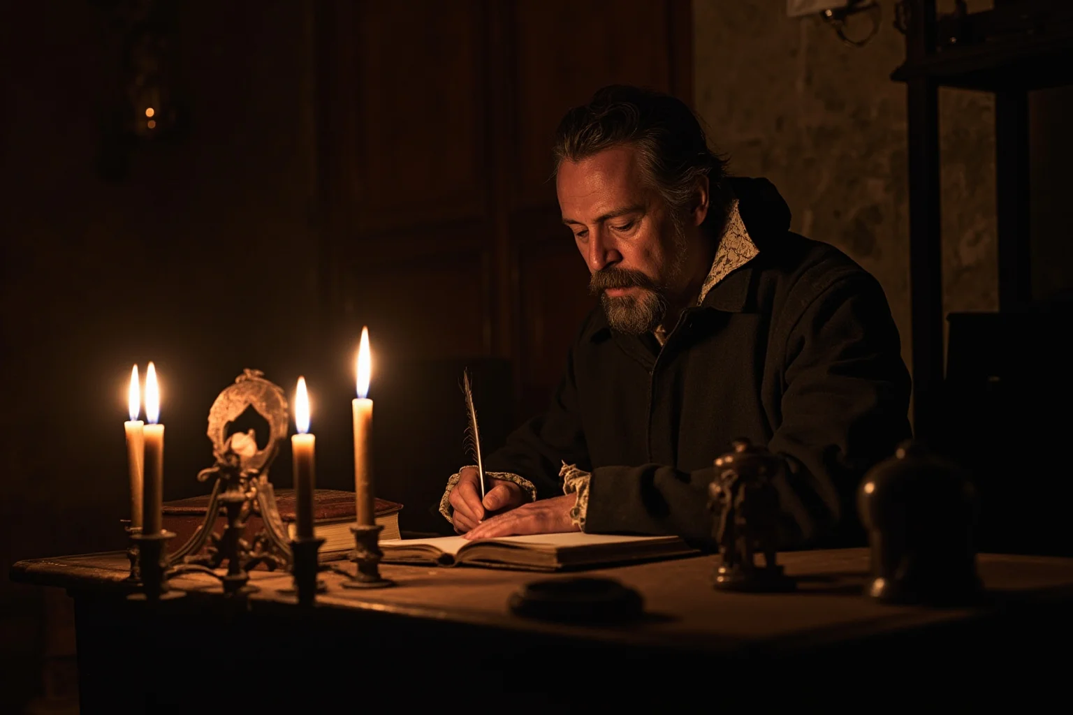 17th-century study with a philosopher seated at a candlelit desk writing in a leather-bound book, quill in hand