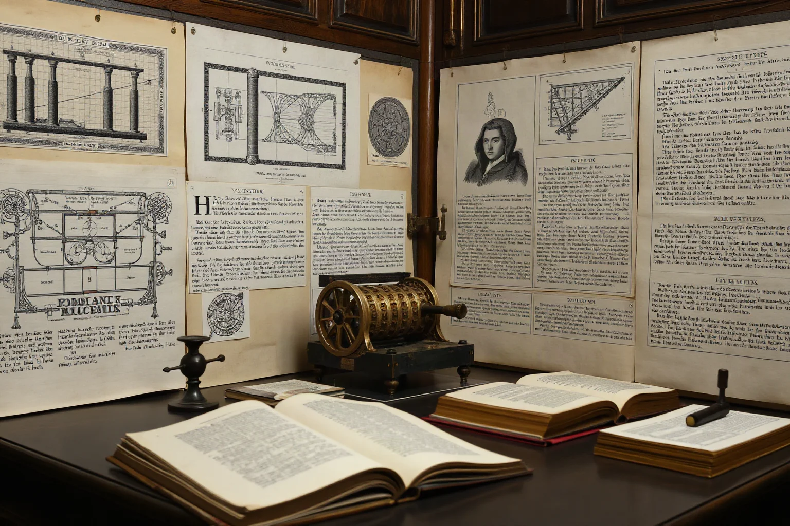 17th century study with mechanical calculator prototype, probability theory diagrams, fluid mechanics illustrations, and philosophical texts