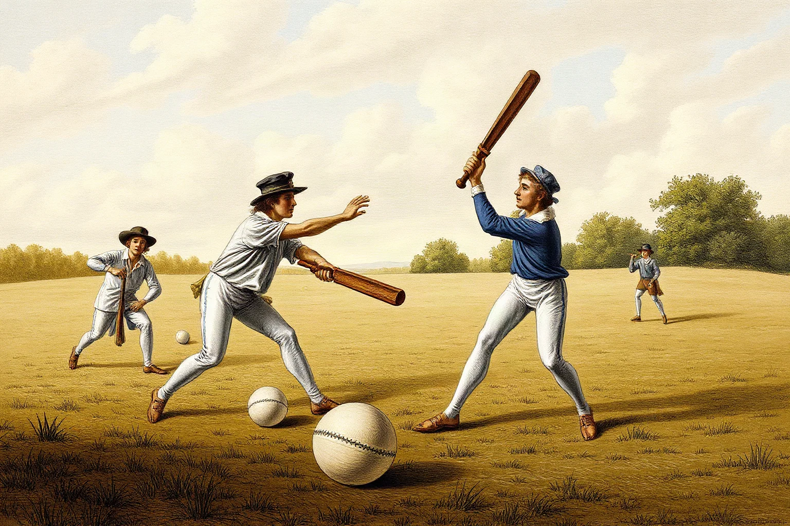 17th-century style illustration of players in a field with bats and a ball, early cricket match