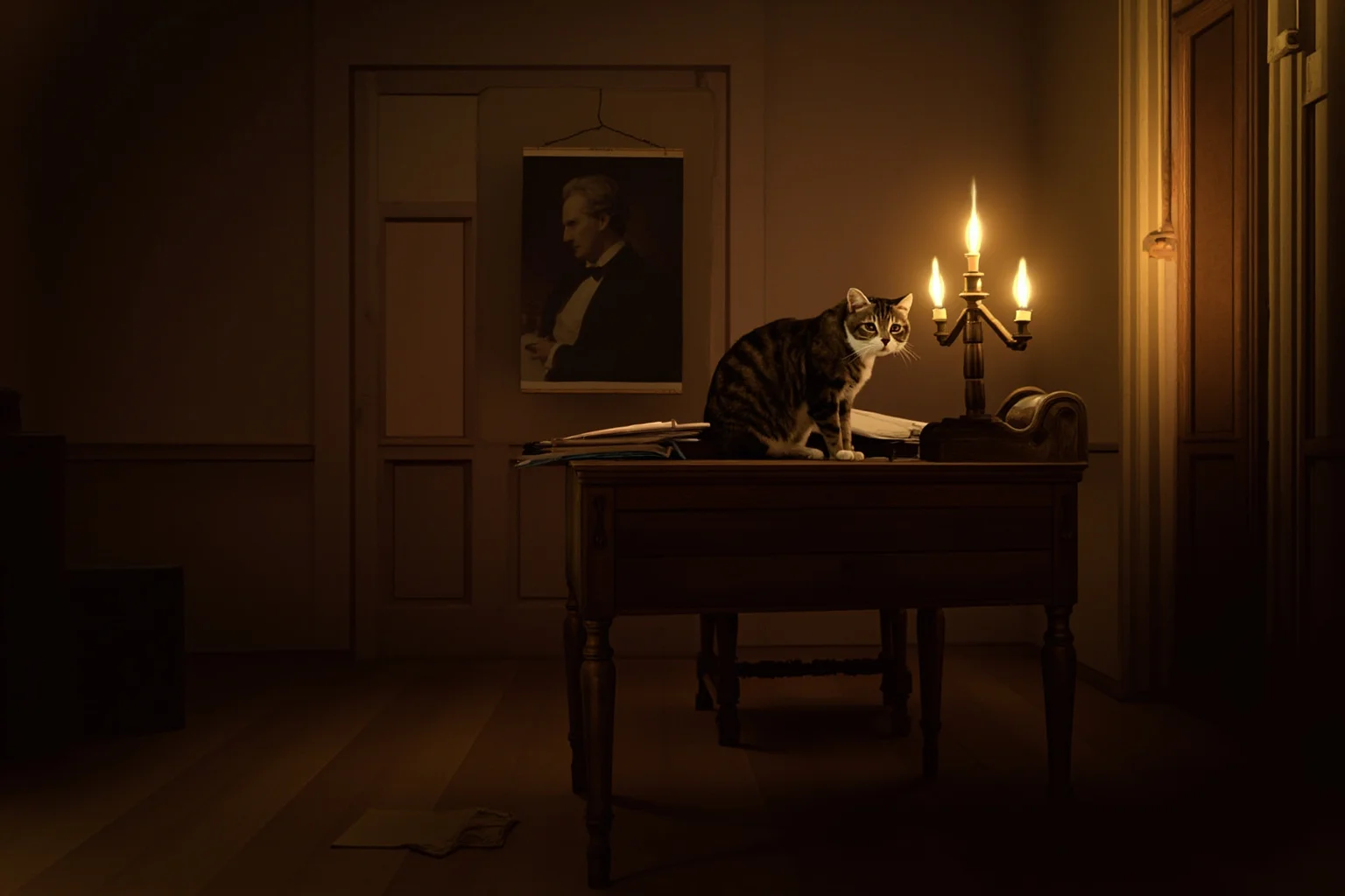 1860s American presidential study with candlelight, papers, and a tabby cat sitting near a wooden desk