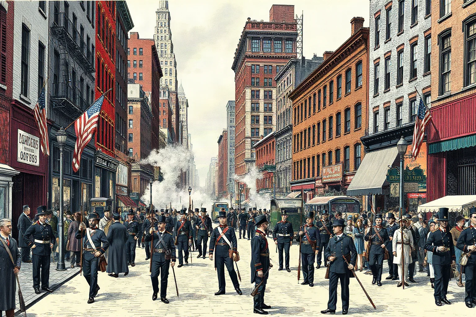 1860s New York City street scene with a large crowd and soldiers, illustrative historical art style