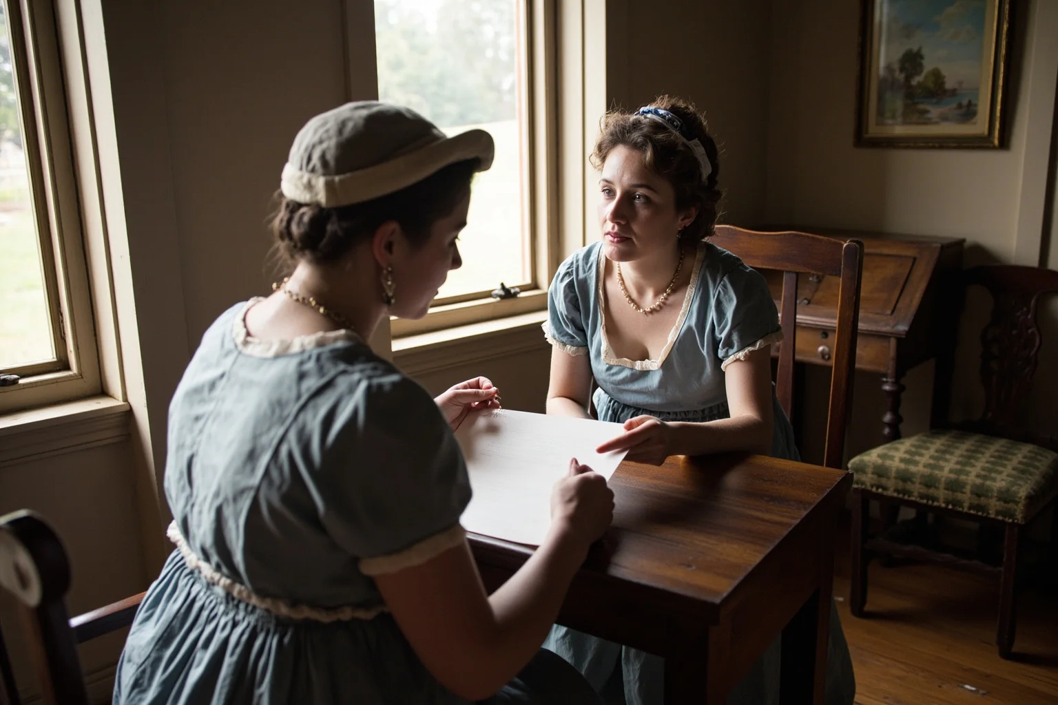 The 22 Greatest Love Stories in History 7 18th-century American colonial couple in period dress exchanging letters at a wooden writing desk by a window