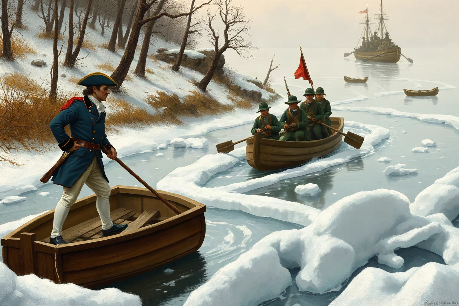 18th-century American general in a blue coat crossing an icy river with troops in a rowboat, illustrative historical style