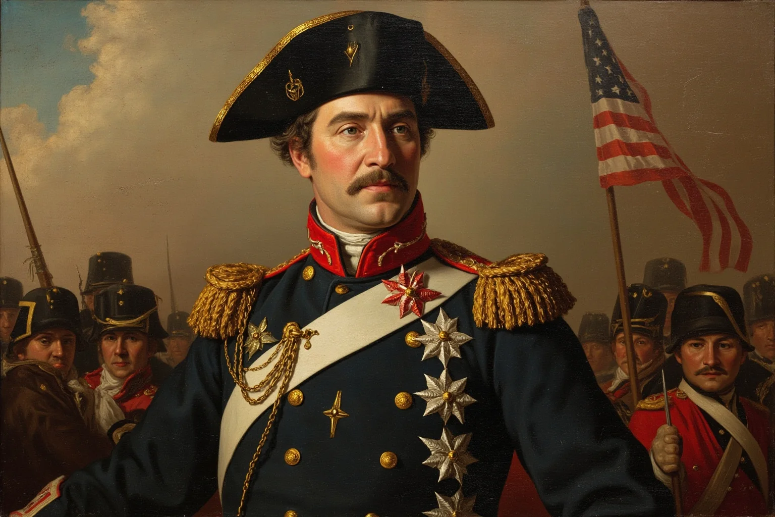 From Cleopatra to George Washington: 21 Most Famous Redheads in History 9 18th-century American general in military uniform overlooking troops, formal colonial-era portrait painting style