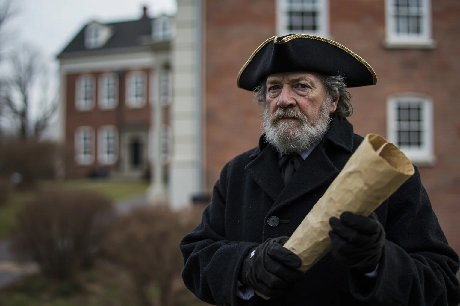 18th century American statesman in a dark coat holding a rolled parchment document, colonial government building in the background