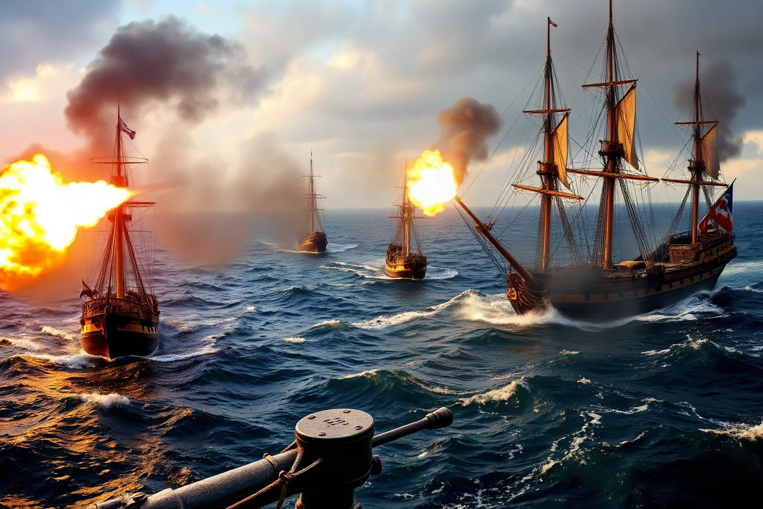 18th-century British and French naval ships engaged in cannon fire on the open ocean