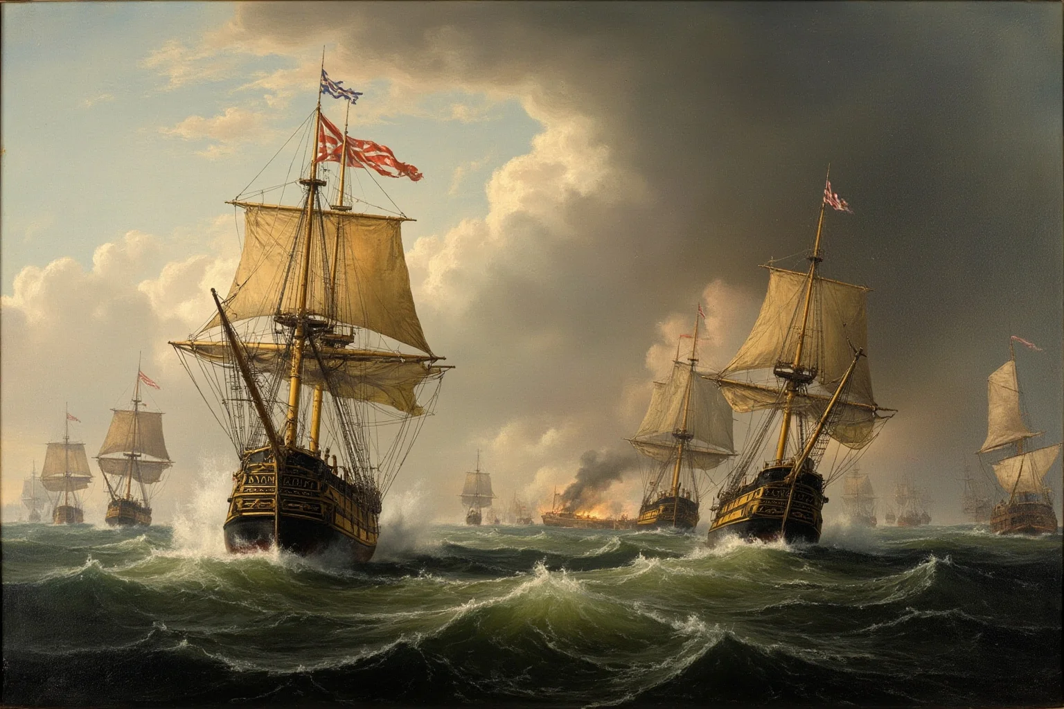 Wars That Lasted A Lot Longer Than You Thought 18 18th-century British and French naval ships in a stormy sea battle, historical oil-painting style