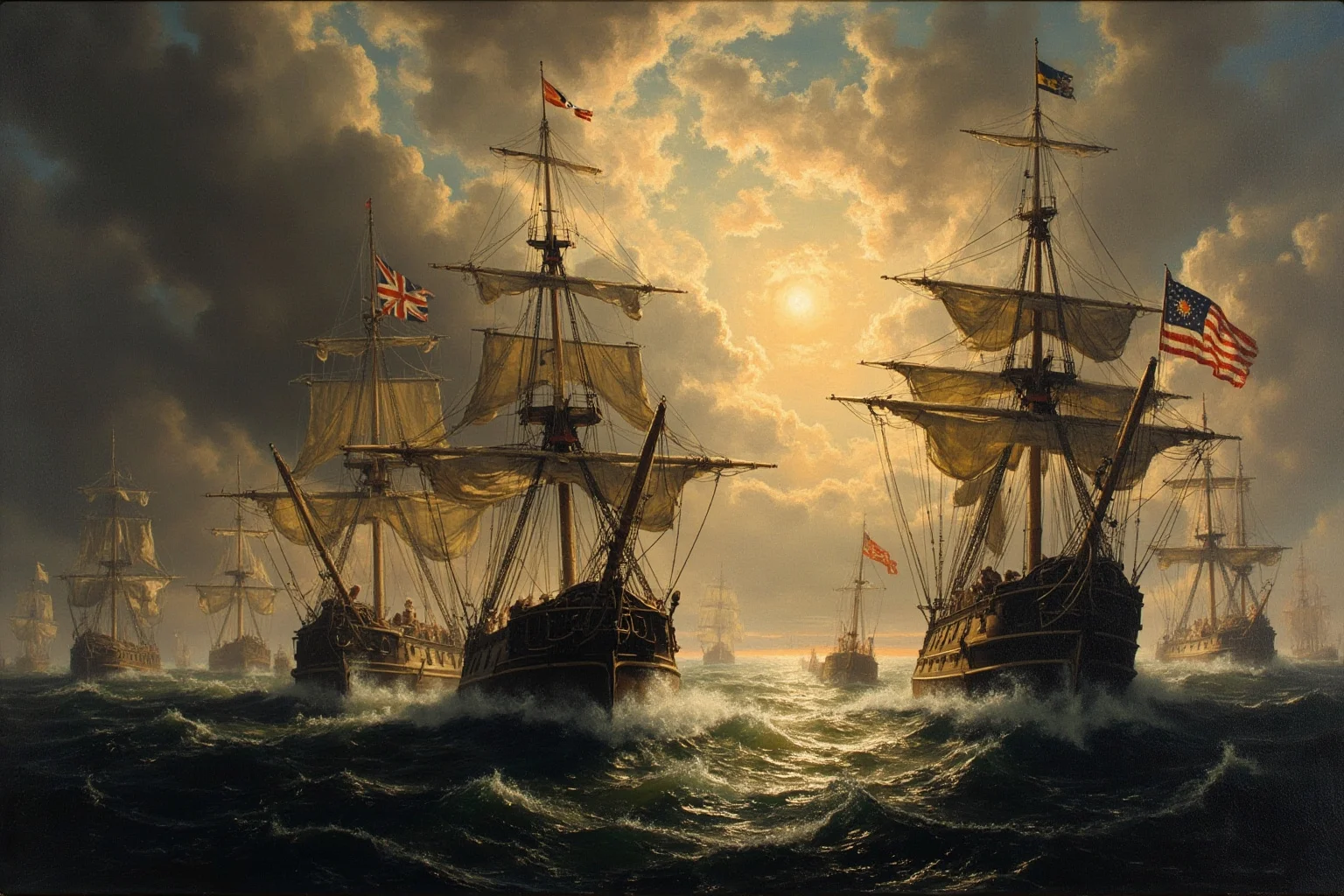 Wars That Lasted A Lot Longer Than You Thought 7 18th-century British and French naval ships in a stormy sea battle, historical oil-painting style