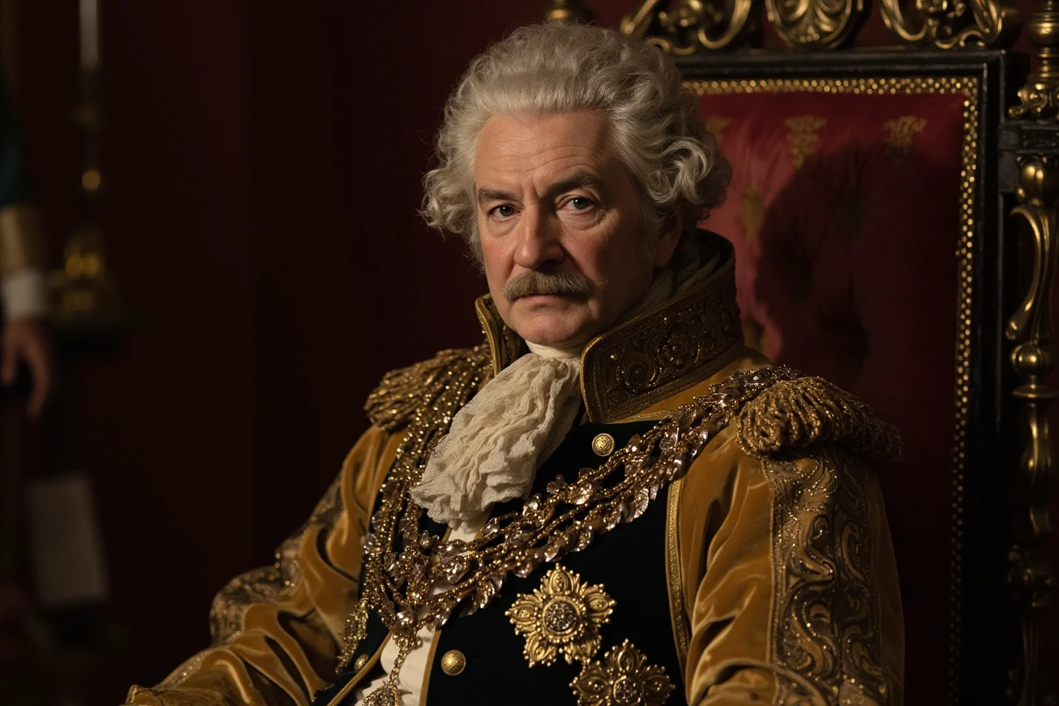 18th century British king in royal robes and powdered wig seated formally in a palace throne room