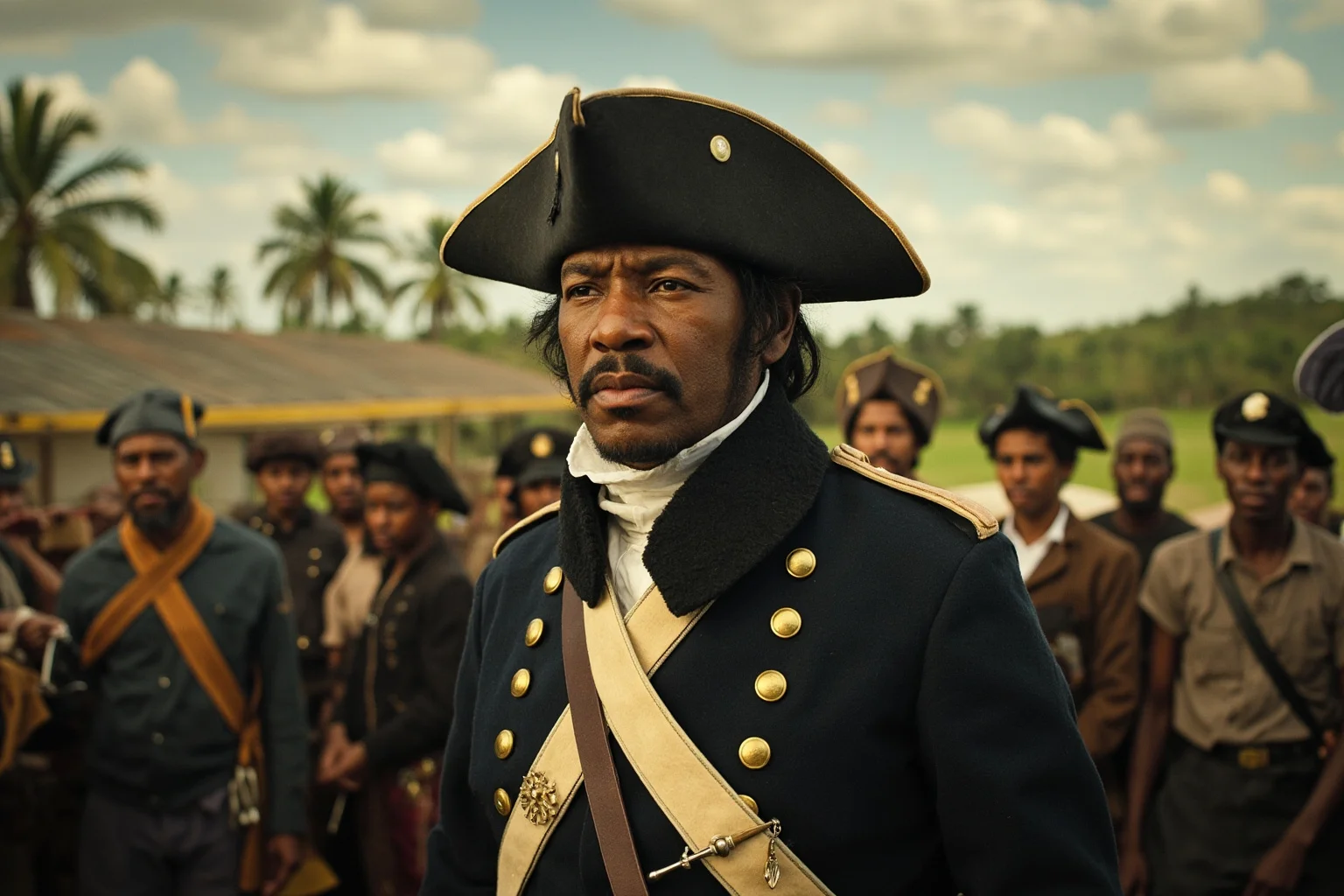 18th century Caribbean revolutionary leader in a military coat standing before a gathered crowd, tropical plantation landscape in background
