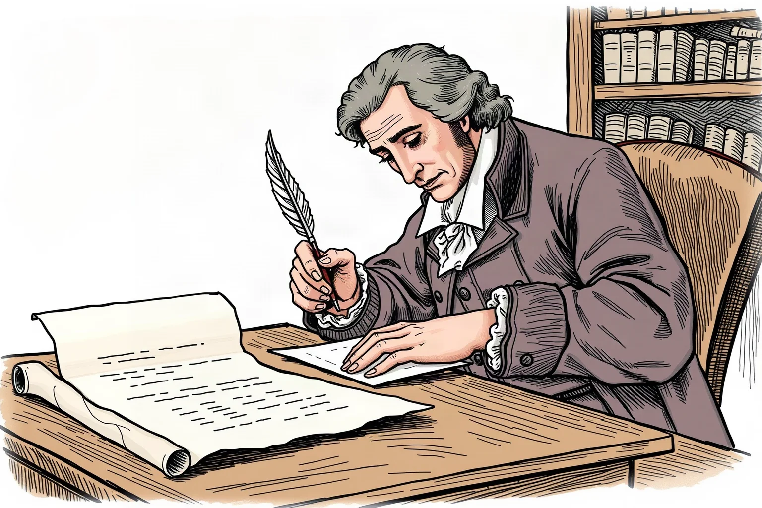 18th-century diplomat writing at a wooden desk with a quill, a rolled parchment document nearby, illustrated style