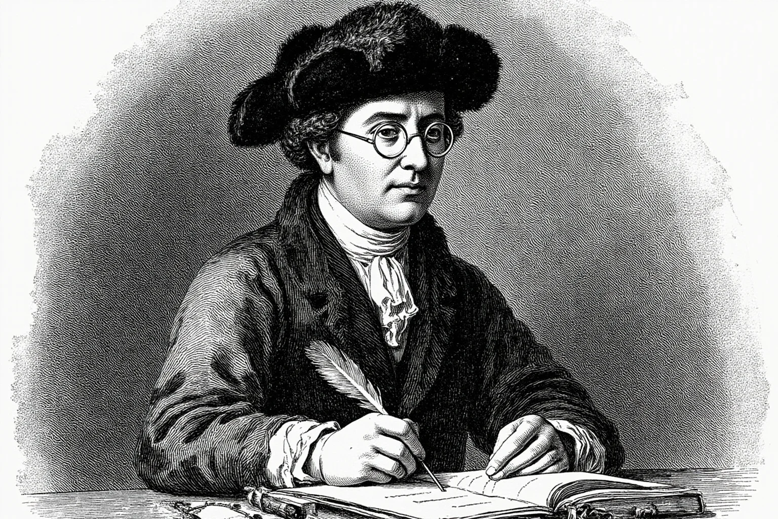 18th century engraving style portrait of a colonial statesman with round spectacles and a fur cap, seated at a writing desk with quill and paper