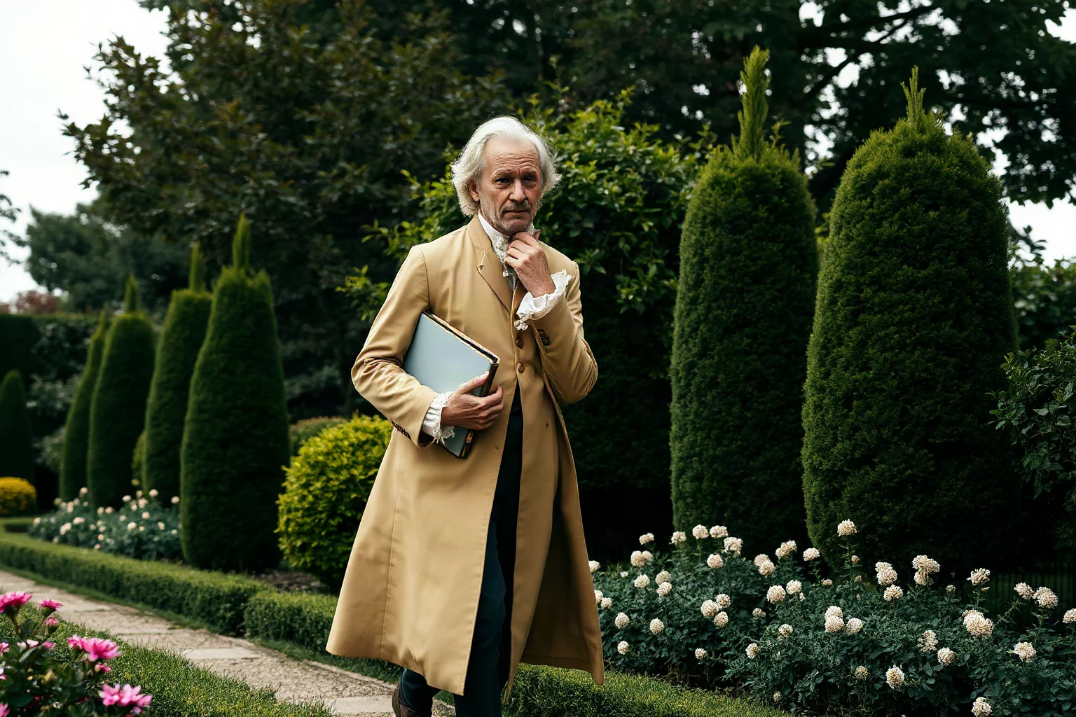 18th-century Enlightenment philosopher walking thoughtfully through a French garden with a notebook, period dress