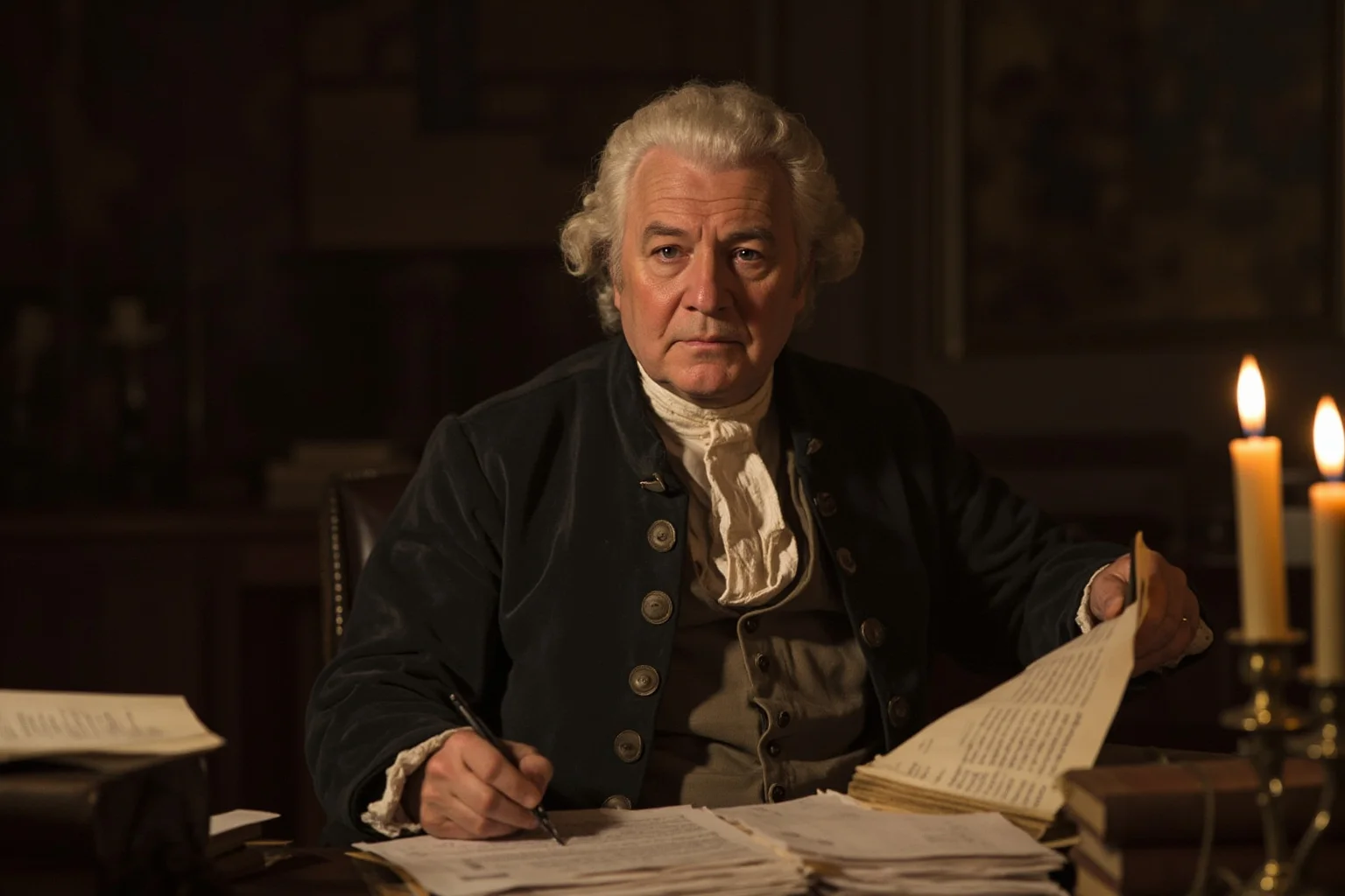 18th century Enlightenment writer in a modest coat and wig, seated at a cluttered desk covered in books and papers, candlelight