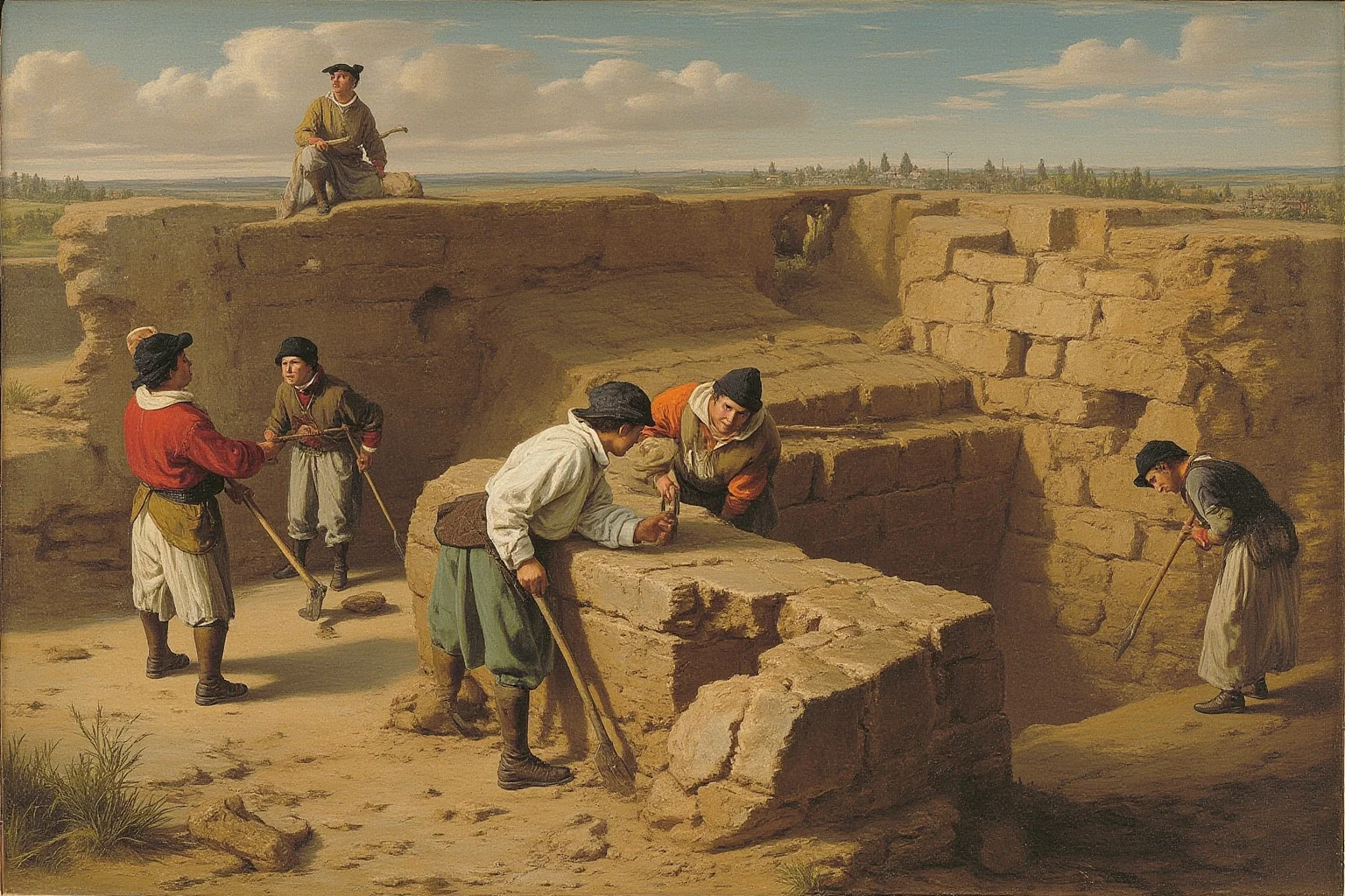 18th-century excavation scene with workers and engineers uncovering ancient stone walls with shovels and tools