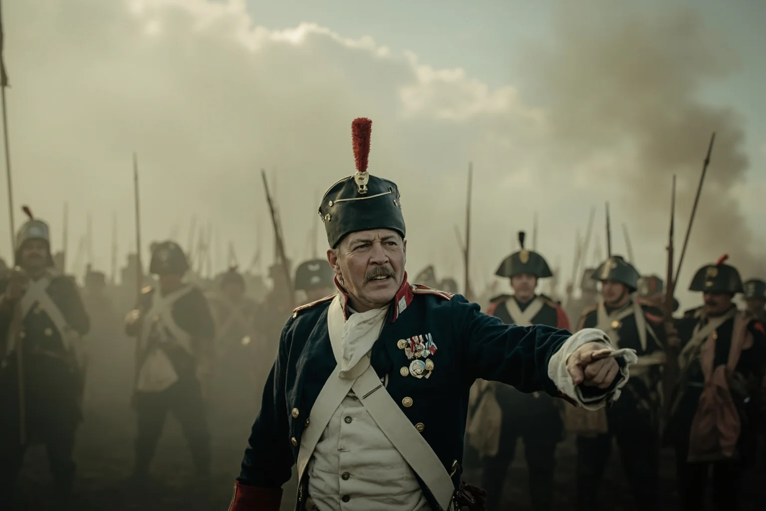 18th-century French military officer in a simple uniform rallying troops on a smoky battlefield