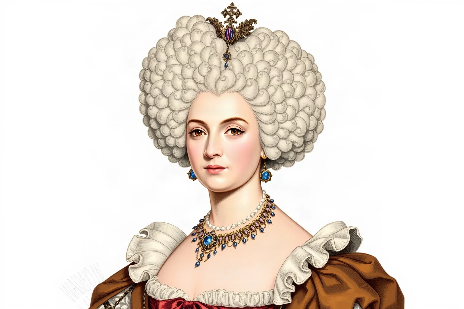 18th-century French royal portrait style illustration of a queen in an elaborate powdered wig and rococo gown