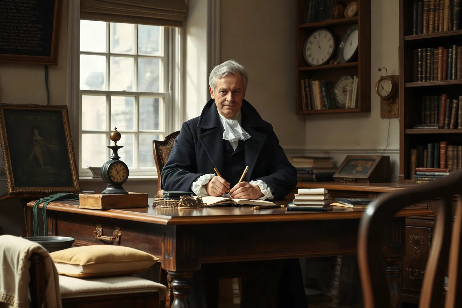 18th-century German philosopher writing at a tidy desk with a clock nearby, orderly study, period clothing