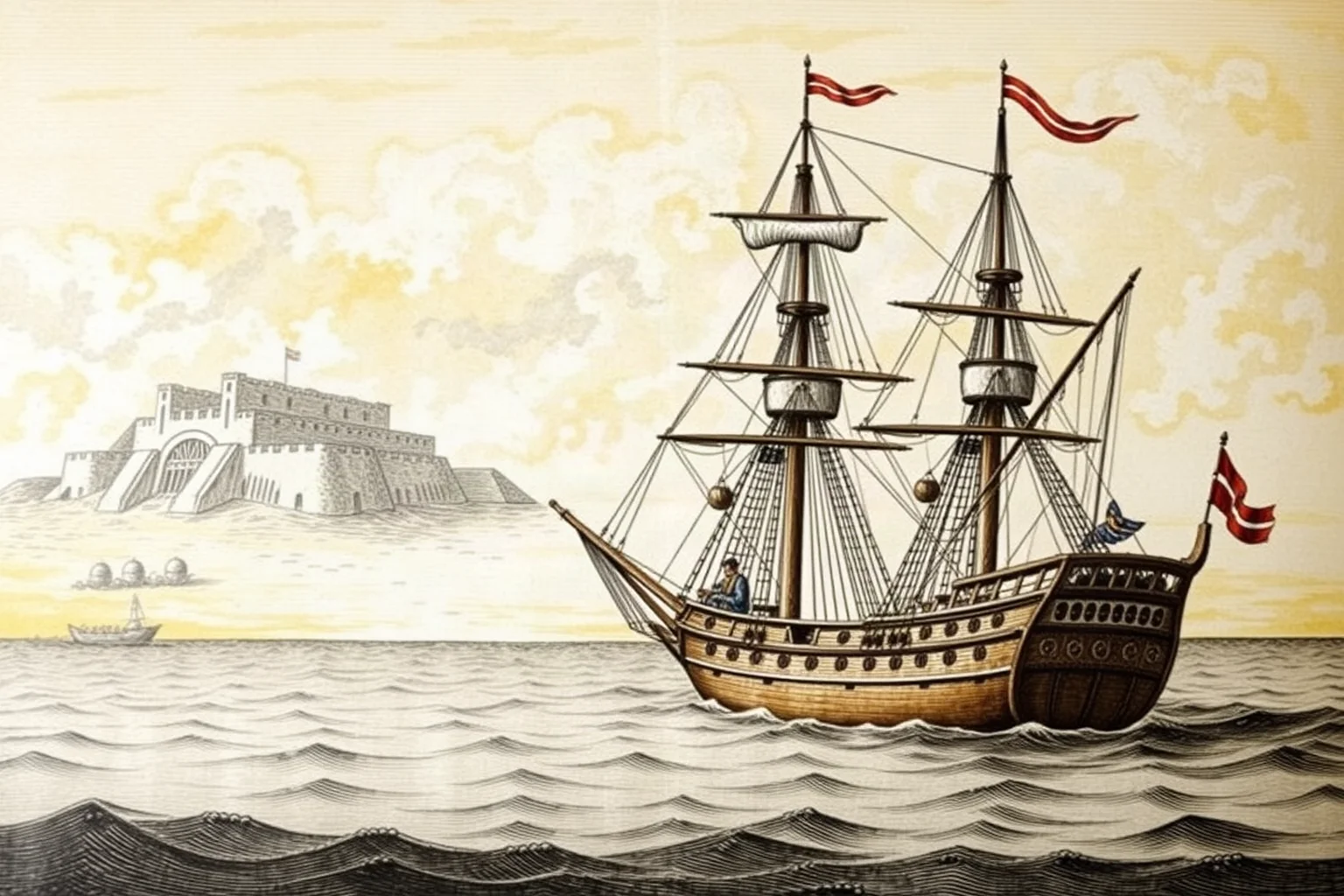 18th-century illustration of a British sailing ship and Spanish coastal fort representing the War of Jenkins' Ear