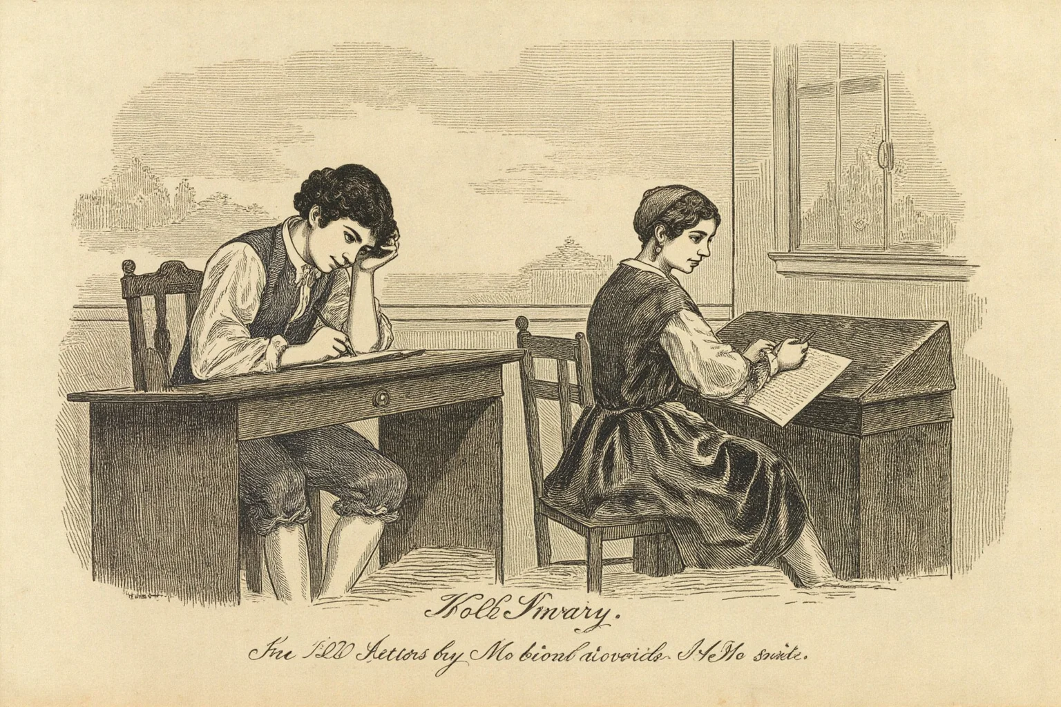 Star-Crossed Lovers: The 22 Greatest Historical Romances Ever 6 18th-century illustration of a couple writing letters at separate desks, one in colonial American dress