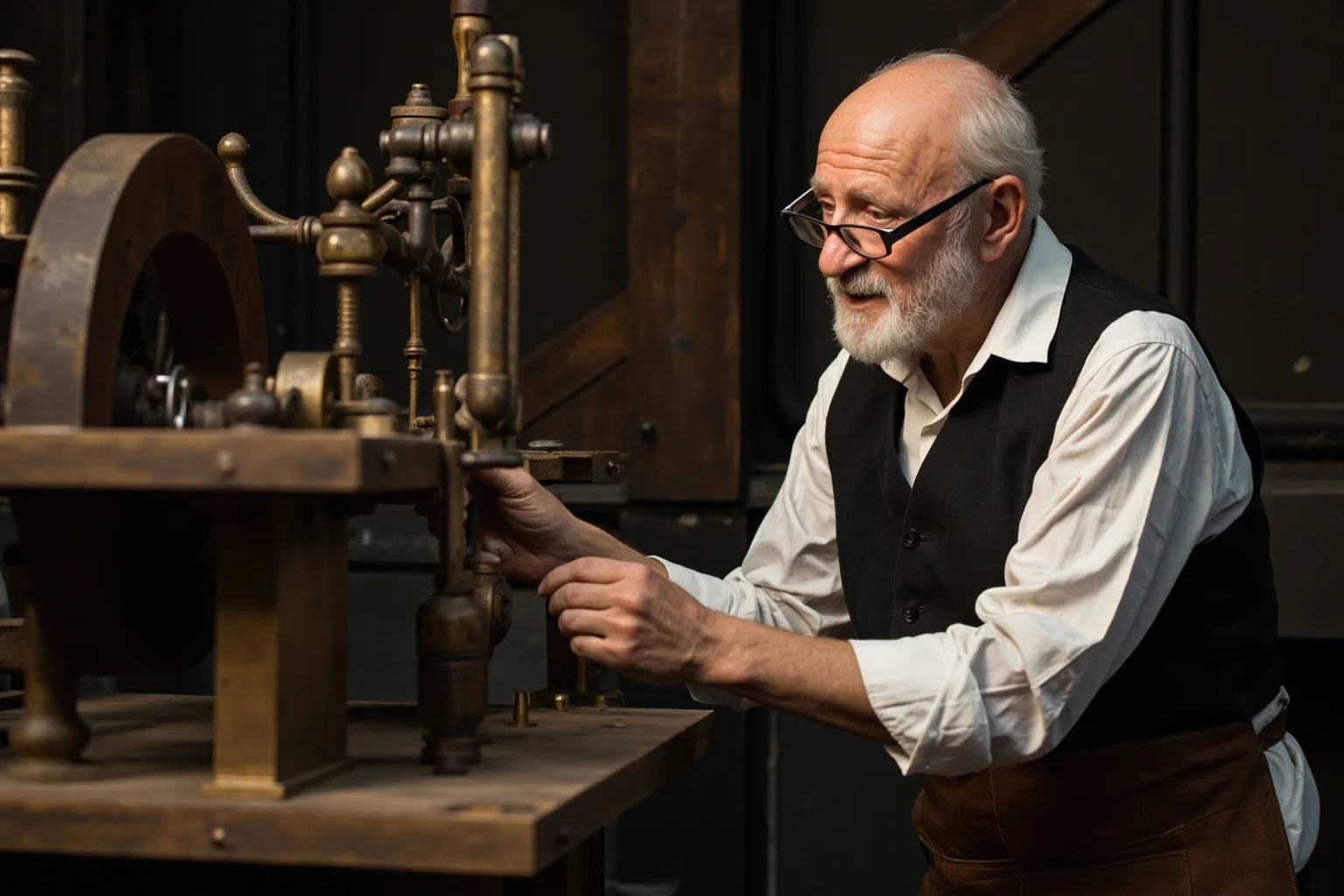 18th century inventor in a workshop apron examining a large brass and iron steam engine mechanism