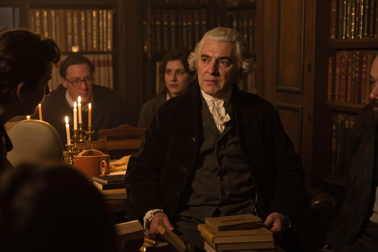 18th century London literary figure in a wig and coat seated in a busy candlelit coffeehouse surrounded by books