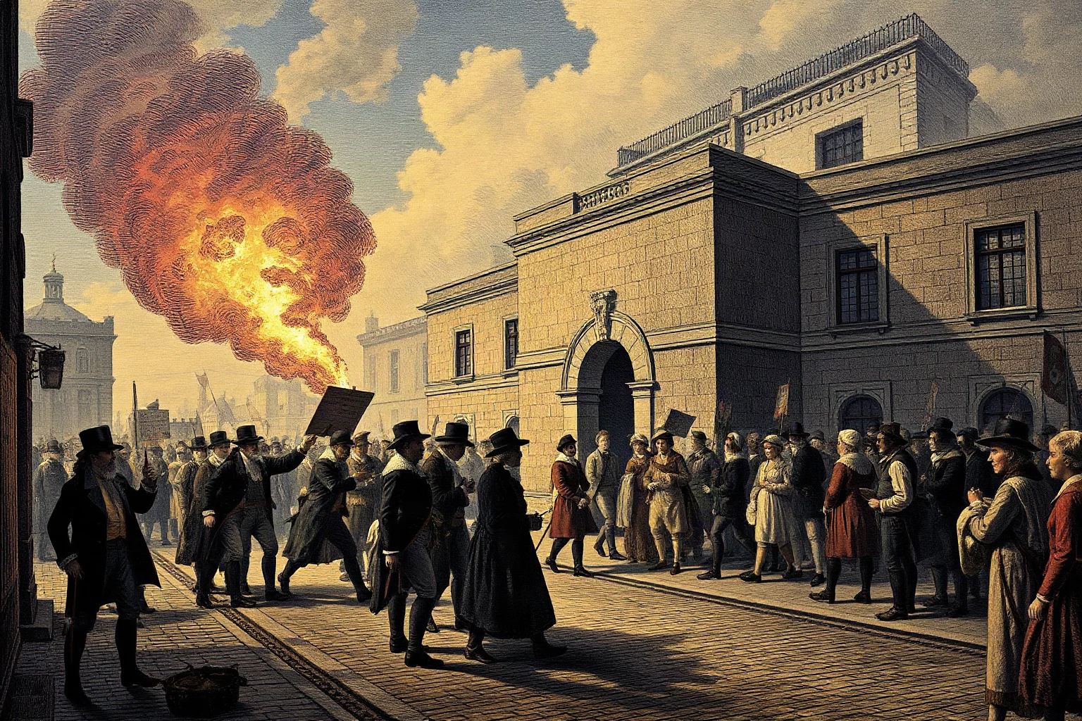 18th-century London street scene with a crowd of protesters near a stone prison building, torch smoke in the background